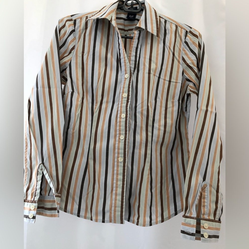 Blue Brown Beige Stripe Blouse Button Down stretch Gap Small Shirt